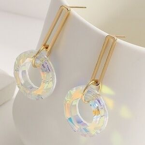 Earrings Transparent Colorful Round Cut Glass Long Gold Color Metal Drop Post